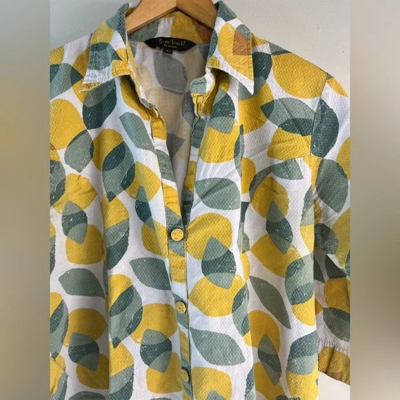 Ever Touch by Malika Lemon Print Shirt Dress XL Textured Button Front - Picture 4 of 9